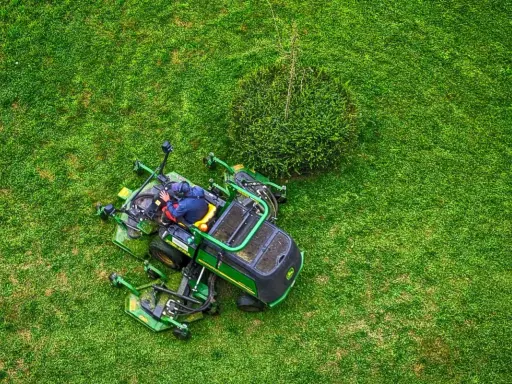 Un homme est assis sur un tracteur tondeuse, prêt à passer la tondeuse le dimanche. L'herbe est d'un vert éclatant.