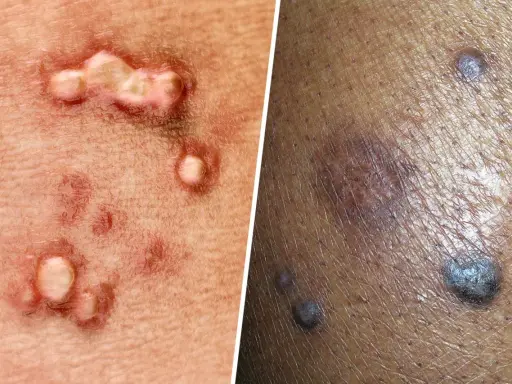 Primer plano de verrugas negras genitales y otras lesiones cutáneas.