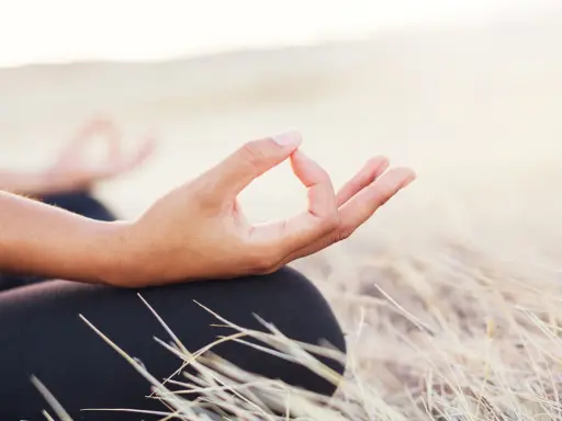En hand i mudra-position under aum meditation, omgiven av torrt gräs.