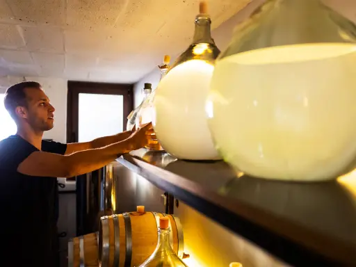 Mann prüft große Glasballons mit Flüssigkeit. Er achtet darauf, dass der Inhalt nicht schlecht wird, wie bei manchem Gin.