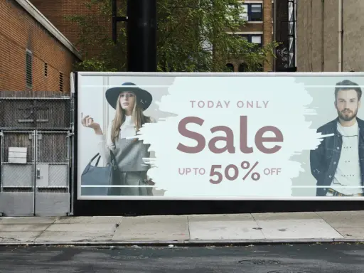 Sztuka plakatu: reklama wyprzedaży do 50% OFF z modelką i modelem.
