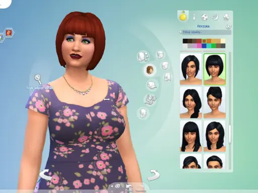 Tworzenie postaci w The Sims 4. Kobieta z rudymi włosami i kwiecistą sukienką wybiera nową fryzurę z dostępnych opcji.