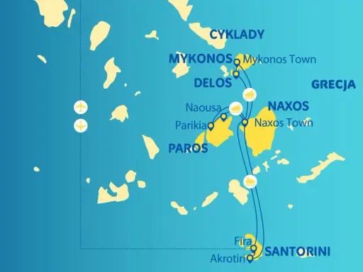 Mapa Cyklady: podróż po greckich wyspach Mykonos, Delos, Paros, Naxos i Santorini.