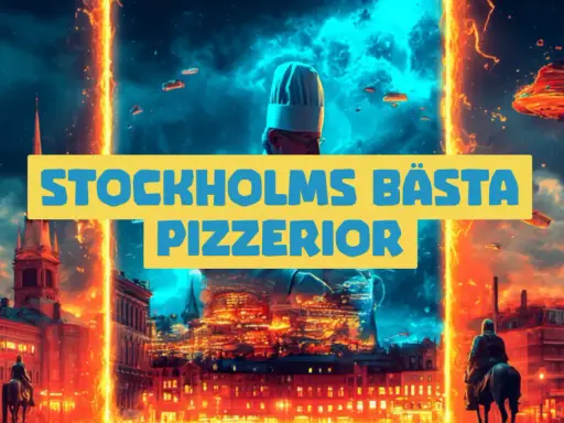En dramatisk bild med texten "Stockholms bästa pizzerior". En kock i bakgrunden, omgiven av eldiga torn och en stad i neonljus.