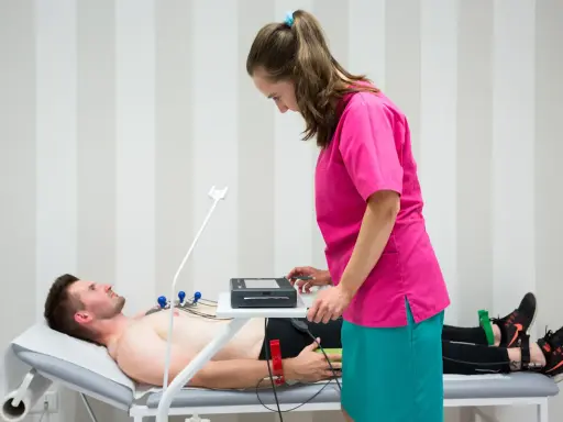 Mężczyzna leży na kozetce, pielęgniarka przygotowuje mu ekg spoczynkowe. Ile trwa badanie? Krótko, by ocenić pracę serca.
