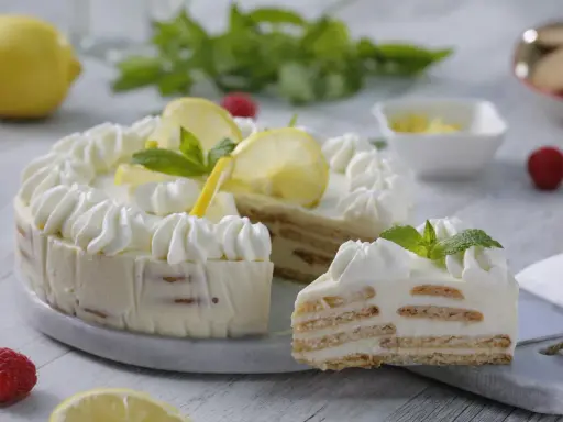 Delicioso mousse de limón con leche condensada, decorado con crema batida, rodajas de limón y menta.