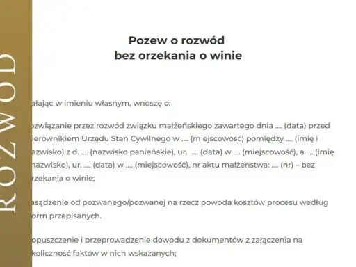 Dokument "Pozew o rozwód bez orzekania o winie" zawiera treść wniosku o rozwiązanie związku małżeńskiego.