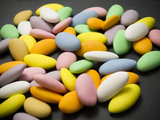 Dragées multicolores, une spécialité de Verdun, sur fond sombre.