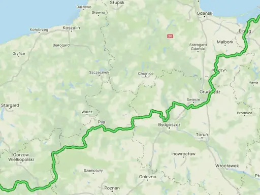 Trasa rowerowa R1 biegnie od Świnoujścia przez Szczecin, Bydgoszcz, Toruń aż do Braniewa.