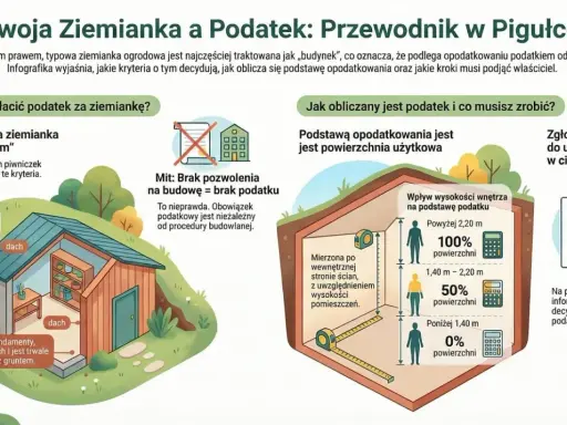 Ilustracja wyjaśnia, kiedy ziemianka w lesie jest traktowana jak budynek i podlega podatkowi. Podstawa opodatkowania to powierzchnia użytkowa.