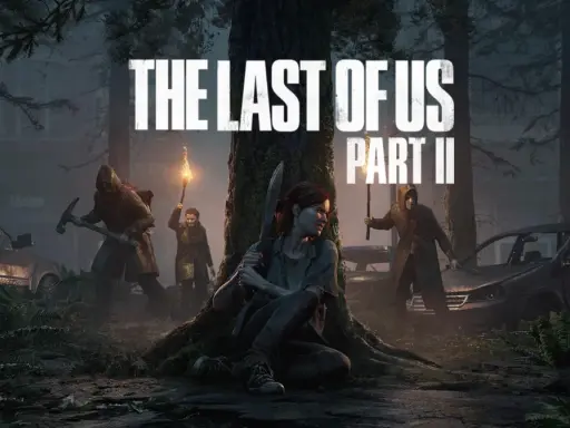 Ellie w lesie, gotowa do walki. W tle widać innych postaci i zniszczone samochody. To okładka gry The Last of Us Part II.