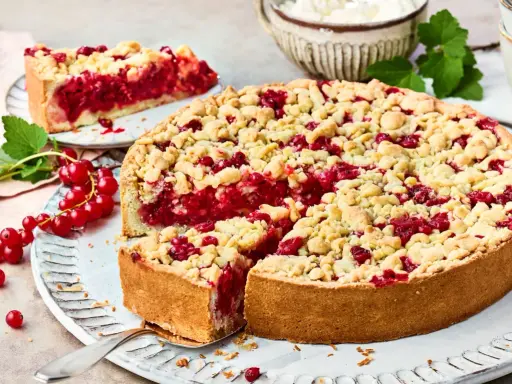 Ein saftiger Johannisbeer Streuselkuchen mit knusprigen Streuseln und frischen roten Johannisbeeren.
