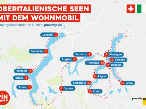 Karte zeigt die oberitalienischen Seen mit Wohnmobilrouten. Orte wie Locarno, Lugano und Como sind markiert.