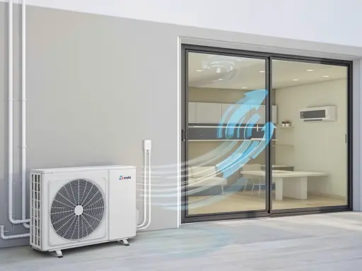 Unité extérieure d'un système de chauffage clim réversible, diffusant de l'air frais dans une pièce par une baie vitrée.