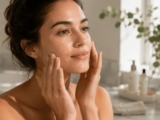 Mujer con piel radiante, aplicando crema. Su rostro refleja un brillo natural, el verdadero que es glow.