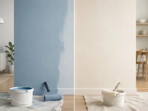 Pittura lavabile: un lato blu, un lato beige, con secchi e rulli. Valutare i pro e contro per il tuo progetto.