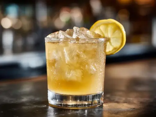 En kyld whiskey sour med is och en citronskiva, redo att avnjutas.