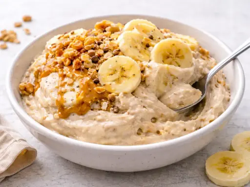 Kremowe lody bananowe z orzechami i polewą karmelową, idealne na deser.