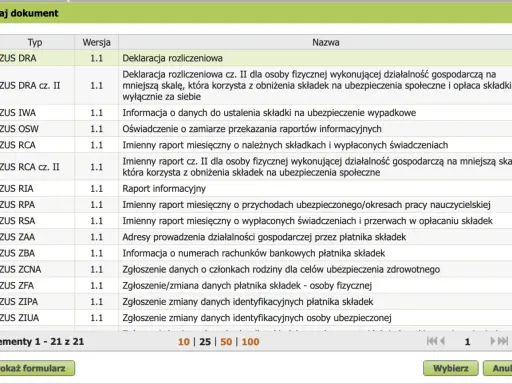 Tabela z formularzami ZUS. Widać m.in. ZUS DRA, ZUS RCA. Pomoc w wypełnieniu: zus dra jak wypełnić.