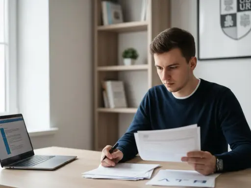 Młody mężczyzna siedzi przy biurku, analizując dokumenty i sprawdzając na laptopie, jak ZUS sprawdza status studenta.