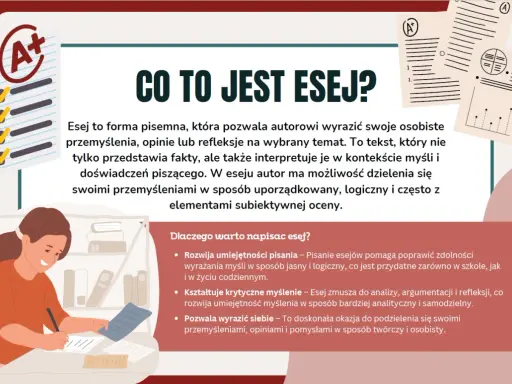 Dziewczynka pisze esej, ucząc się, jak napisać esej. Obok niej lista zadań z zaliczeniem A+.