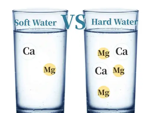 Deux verres d'eau : l'un étiqueté "Soft Water" avec peu de minéraux (Ca, Mg), l'autre "Hard Water" avec plus de minéraux.