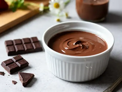 Un bol de crème chocolat onctueuse, entouré de morceaux de chocolat noir et de fraises. Un délice gourmand.
