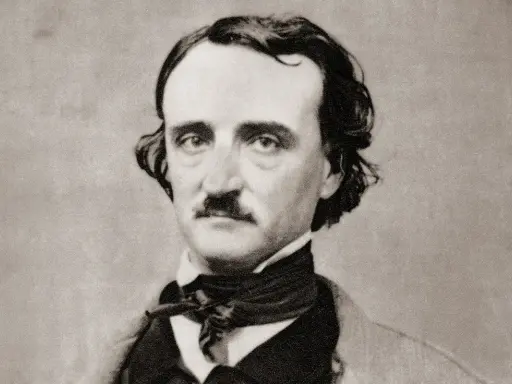 Portret Edgara Allana Poe, słynnego pisarza, z charakterystycznym wąsem i burzą włosów.