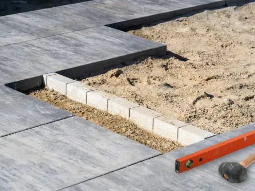 Budowa tarasu z płyt betonowych w toku. Widać układane płyty, podsypkę piaskową i obrzeża. Narzędzia budowlane leżą obok.