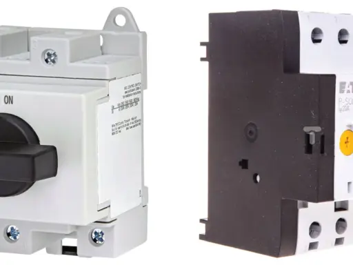 Dwa rodzaje bezpieczników elektrycznych: ETI z czarnym pokrętłem ON/OFF i Eaton P-SOL20.