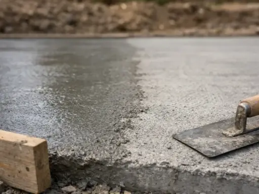 Świeżo wylany beton na budowie, z widoczną kielnią i drewnianym klockiem. Czas schnięcia cementu w ziemi zależy od wielu czynników.