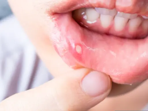 En person pekar på ett sår i munnen, troligen ett virus i munnen.
