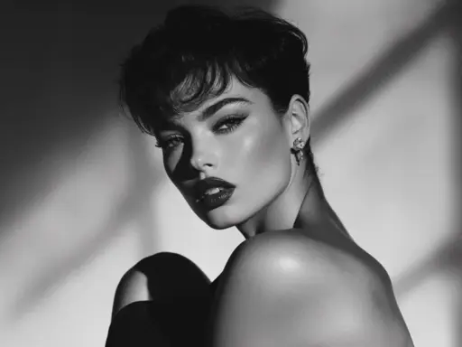 A striking black and white portrait, reminiscent of Herb Ritts' famous photos, captures a woman with dramatic makeup and a short, tousled hairstyle, bathed in dramatic light and shadow.