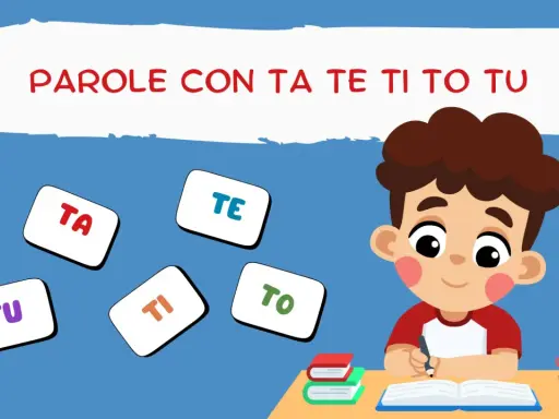 Un bambino impara parole con ta, te, ti, to, tu. Le sillabe fluttuano intorno a lui.