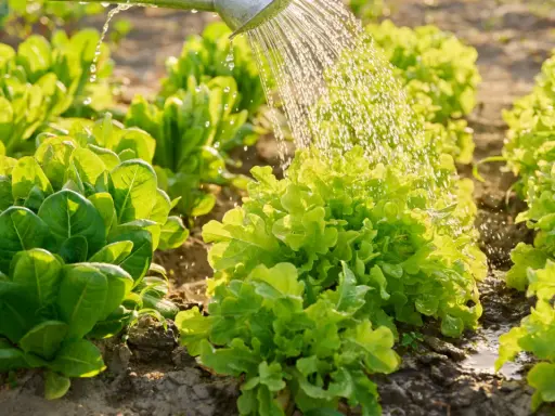 Arrosage des salades dans un potager ensoleillé. L'eau tombe en pluie fine sur les feuilles vertes et croquantes, promettant une récolte fraîche.
