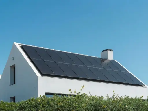 Vitt hus med solpaneler på taket. En strängväxelriktare omvandlar solenergin till användbar el.
