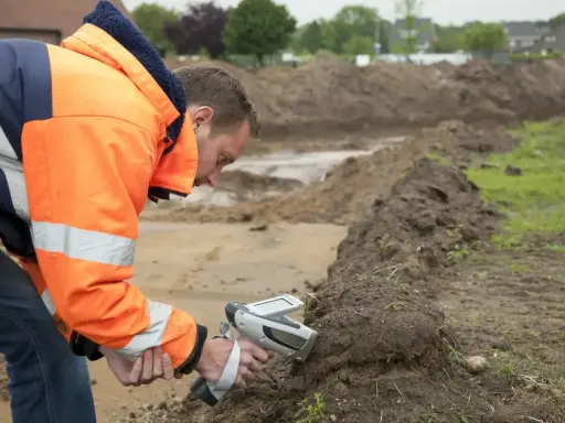 Pracownik w pomarańczowej kurtce wykonuje badanie gruntu za pomocą specjalistycznego urządzenia.