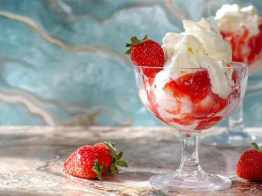Délicieux dessert fraise melba, glace à la vanille, coulis de fraises et chantilly, garni d'une fraise fraîche.