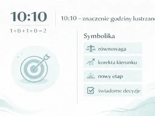 Grafika przedstawia godzinę 10:10, symbolikę numerologiczną i tarczę z celnym strzałem.