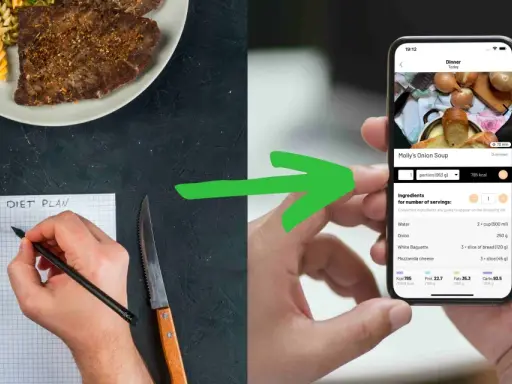 Planowanie diety: od notatek do aplikacji z przepisami na zupę cebulową, uwzględniając kalorie i poliole.