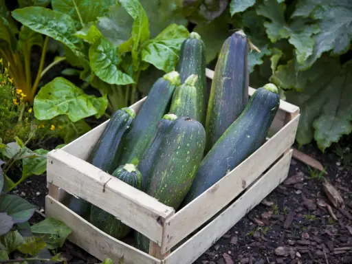 Une caisse en bois remplie de courgettes sombres et vertes, prêtes pour l'entretien. Des feuilles luxuriantes entourent la récolte.