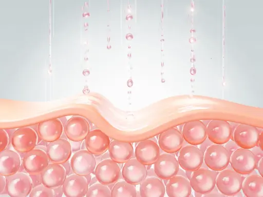 Gocce rosa cadono su uno strato di pelle, nutrendo le sfere sottostanti. Un'immagine che illustra il mantenimento del ph della pelle.