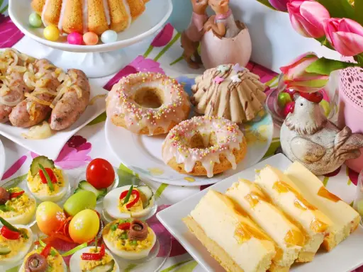Wielkanocne potrawy: babka, kiełbaski, jajka faszerowane, sernik i słodkości. Lista przysmaków na święta.