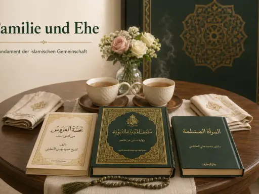 Bücher über Familie und Ehe, inspiriert von der Surah Ali Imran, mit Tee und Rosen.
