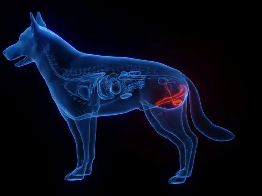 Anatomia psa z uwydatnionym penisem w kolorze czerwonym.
