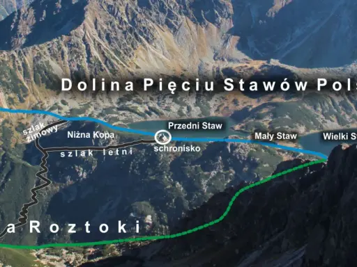 Trasa do Doliny Pięciu Stawów Polskich od Świstowej Czuby. Widok na szlak zimowy i letni, schronisko, Przedni, Mały i Wielki Staw.