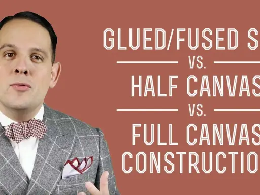 Man in a checkered suit explains glued/fused, half canvas, and full canvas suit construction.