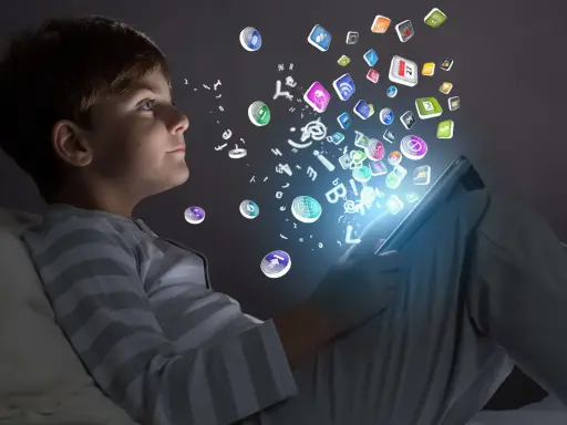 Niño de la generación alfa interactuando con iconos de aplicaciones y letras que flotan desde una tablet.