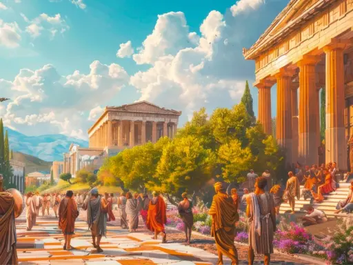 Antike Stadtansicht mit Menschen in Togen, die auf eine Agora zusteuern. Die Architektur erinnert an die Zeit der Demokratie in Athen.