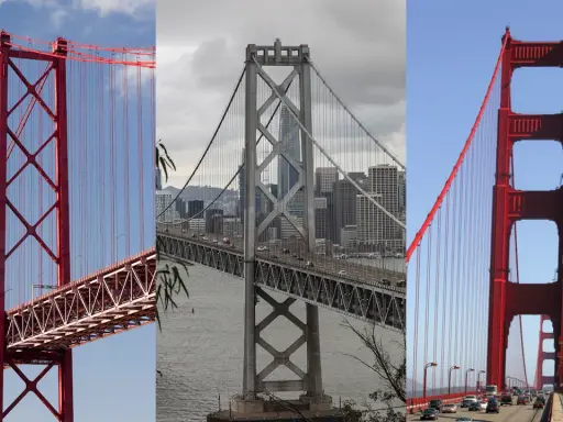 Comparación visual: el rojo vibrante del puente 25 de abril de Lisboa contrasta con el gris del puente de la Bahía de San Francisco y el icónico rojo del Golden Gate.
